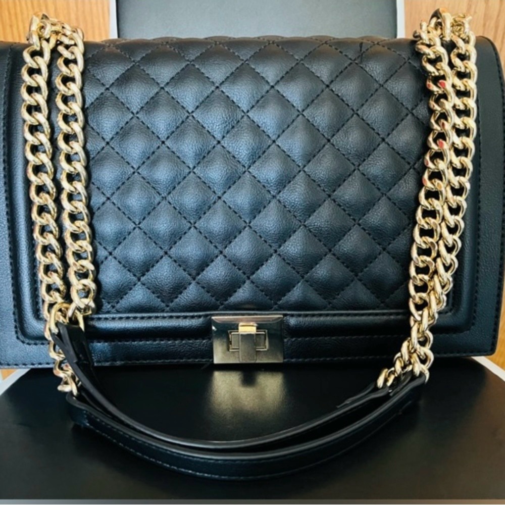 Black Quilted Chain Shoulder Bag with Gold Hardware